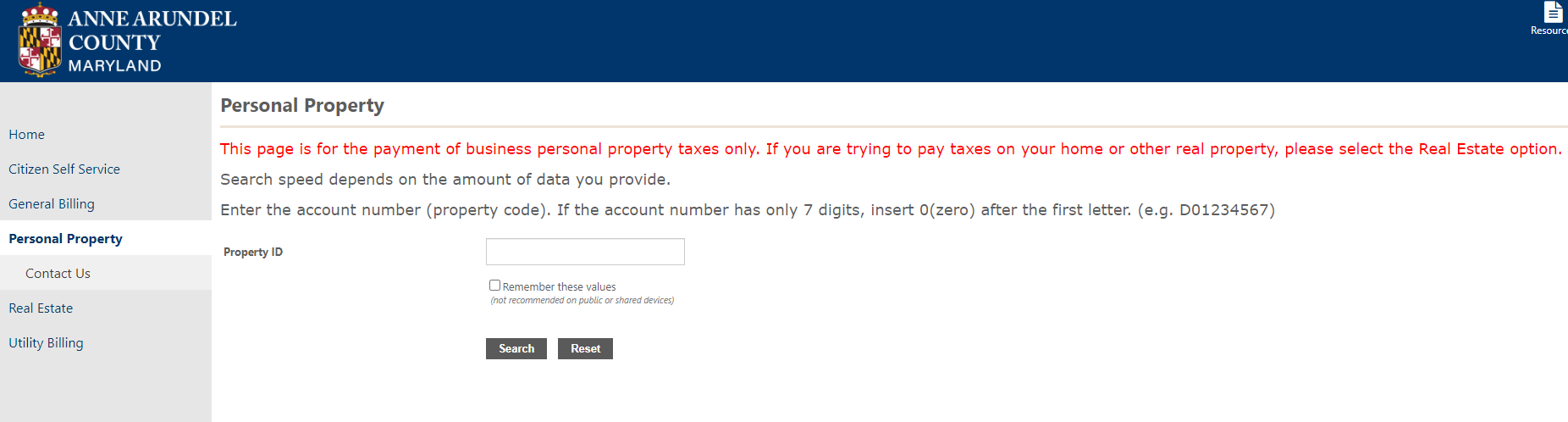 Screenshot of the search interface in the online payment system Personal Property module