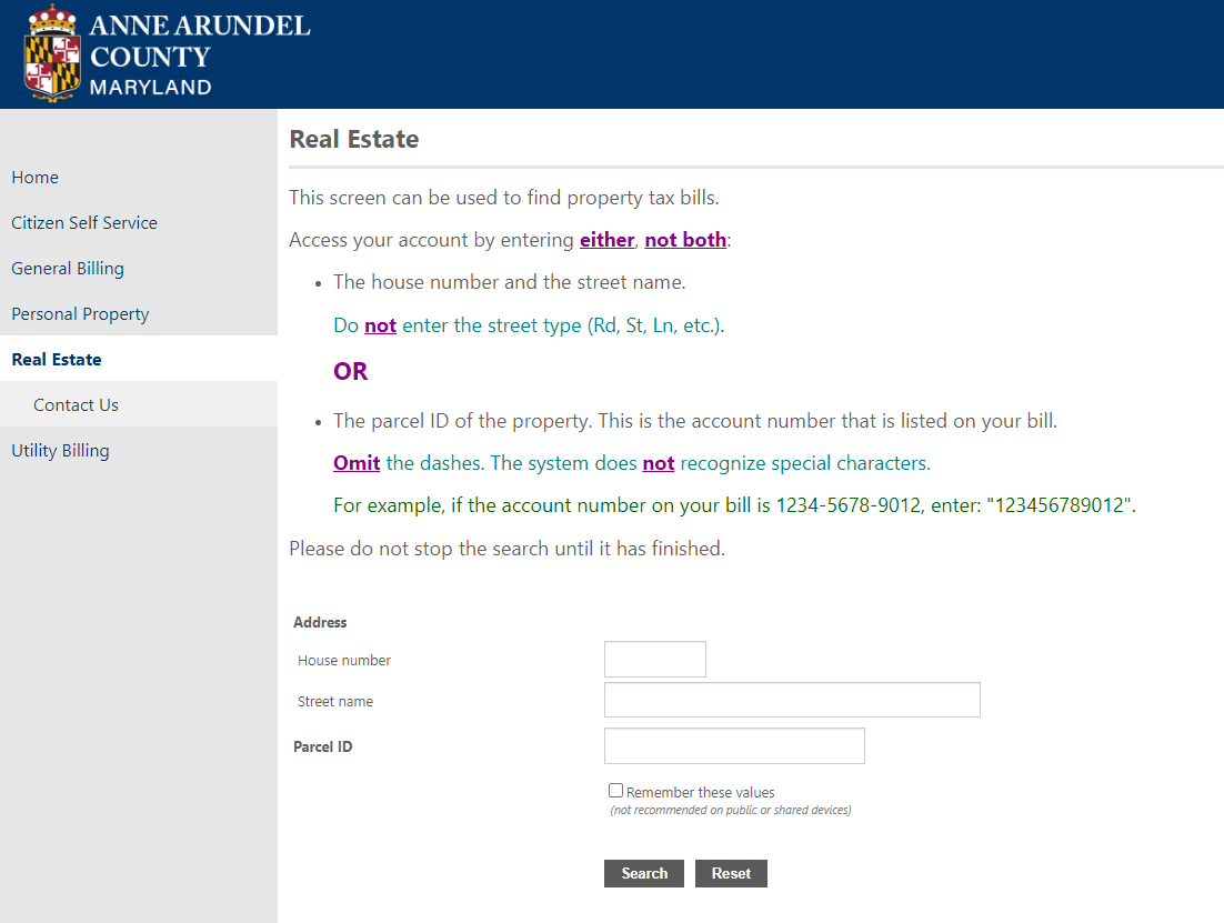 Online Payment system real estate billing customer search screen with fields for locating bill