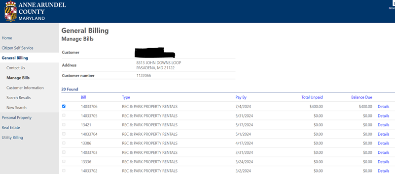 A list of bills for the given customer account in the online billing system