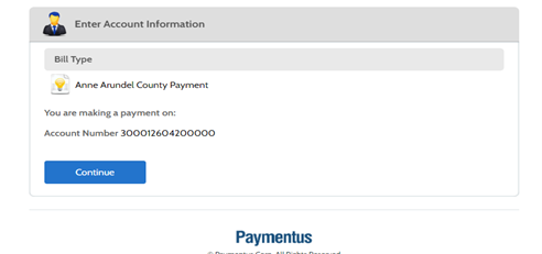 A screenshot of the Paymentus system requesting that you click the "continue" button to proceed with payment 