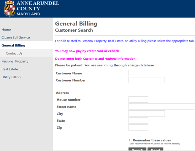 Customer Search screen in the online payment system general billing module