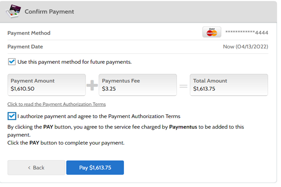 Screenshot from Paymentus showing the payment confirmation options 