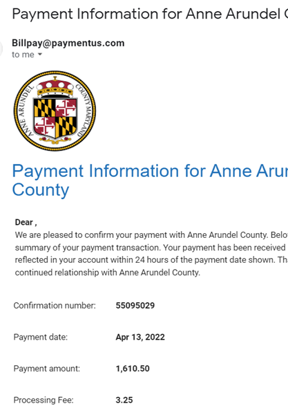 Example email confirmation containing payment information