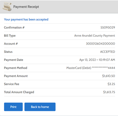 Screen showing that the payment was processed succesfully