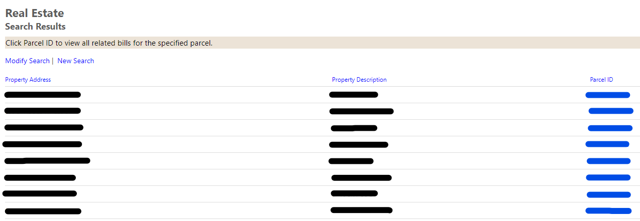 A list of results based on a user search that includes three columns: property address, property description, and parcel ID