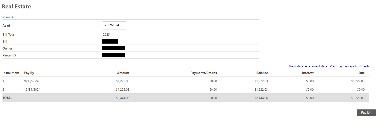 A detailed view of a real estate bill, showing a list of installments, in the online billing system