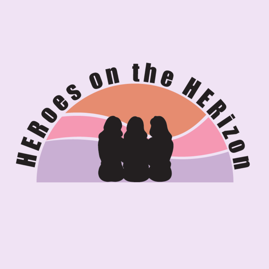 Heroes on the herizon letters going around the top of three girls sitting in front of a sun rise