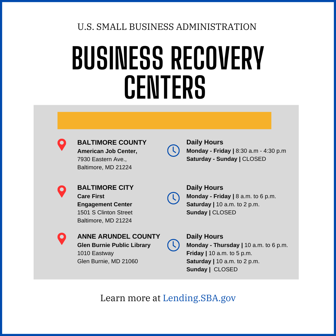 Graphic listing the locations and hours of the Business Recovery Centers